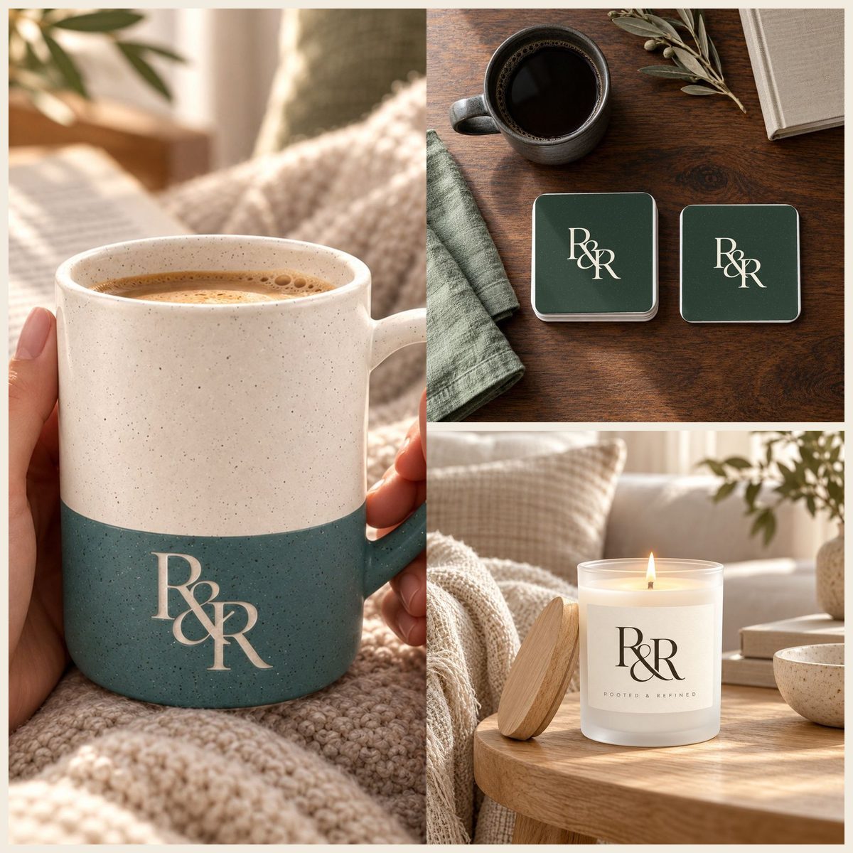 R&R Monogram Coffee Lover Gift Set in Forest: mug, coasters and candle