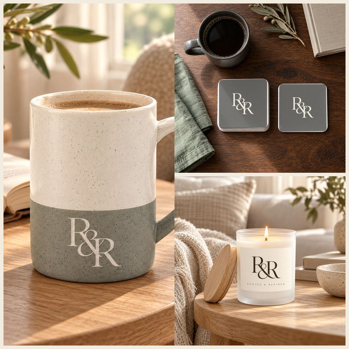 R&R Monogram Coffee Lover Gift Set in Grey: mug, coasters and candle