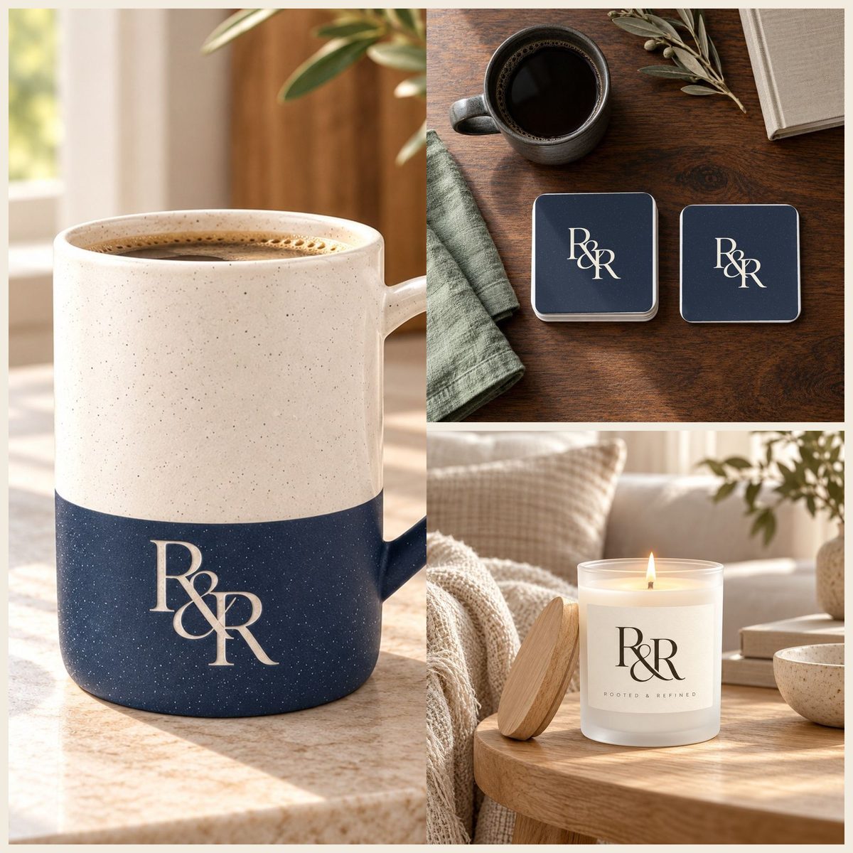 R&R Monogram Coffee Lover Gift Set in Navy: mug, coasters and candle