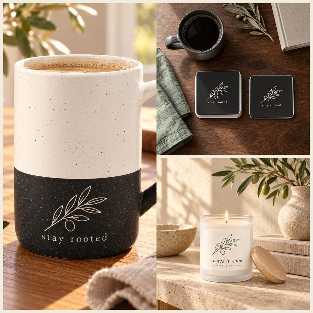 Stay Rooted Olive Branch Coffee Lover Gift Set in Black: mug, coasters and candle
