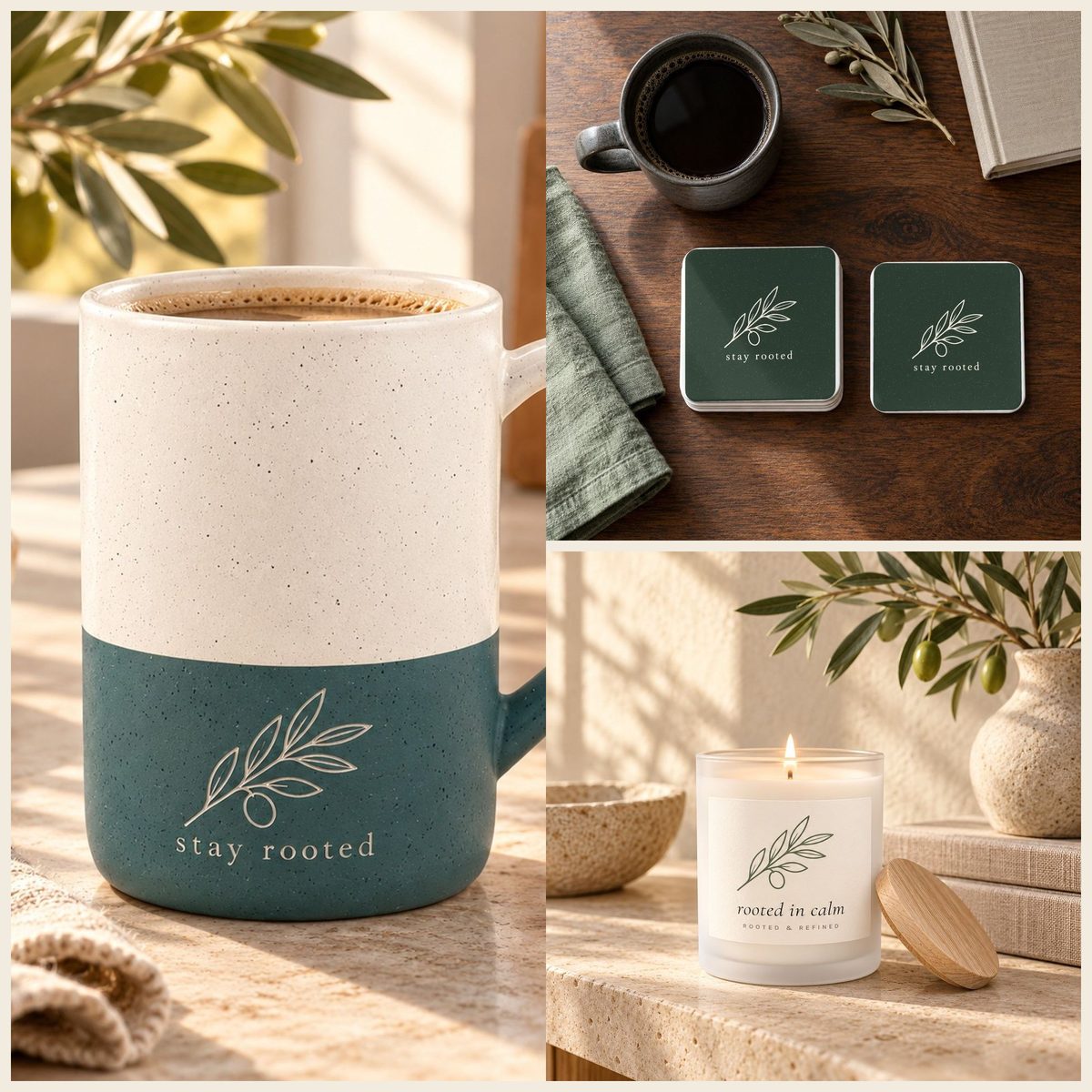 Stay Rooted Olive Branch Coffee Lover Gift Set in Forest: mug, coasters and candle