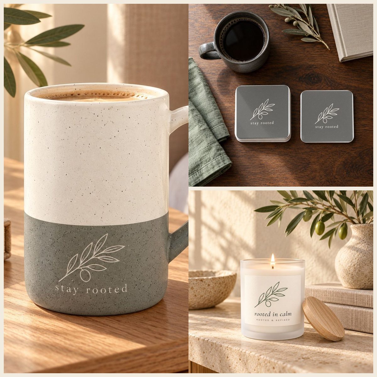 Stay Rooted Olive Branch Coffee Lover Gift Set in Grey: mug, coasters and candle
