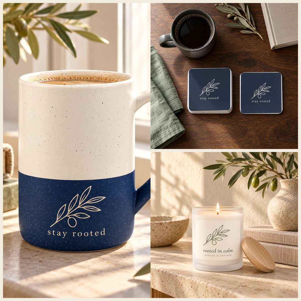 Stay Rooted Olive Branch Coffee Lover Gift Set in Navy: mug, coasters and candle