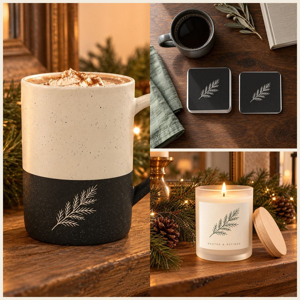 Evergreen Pine Coffee Lover Gift Set in Black: mug, coasters and candle