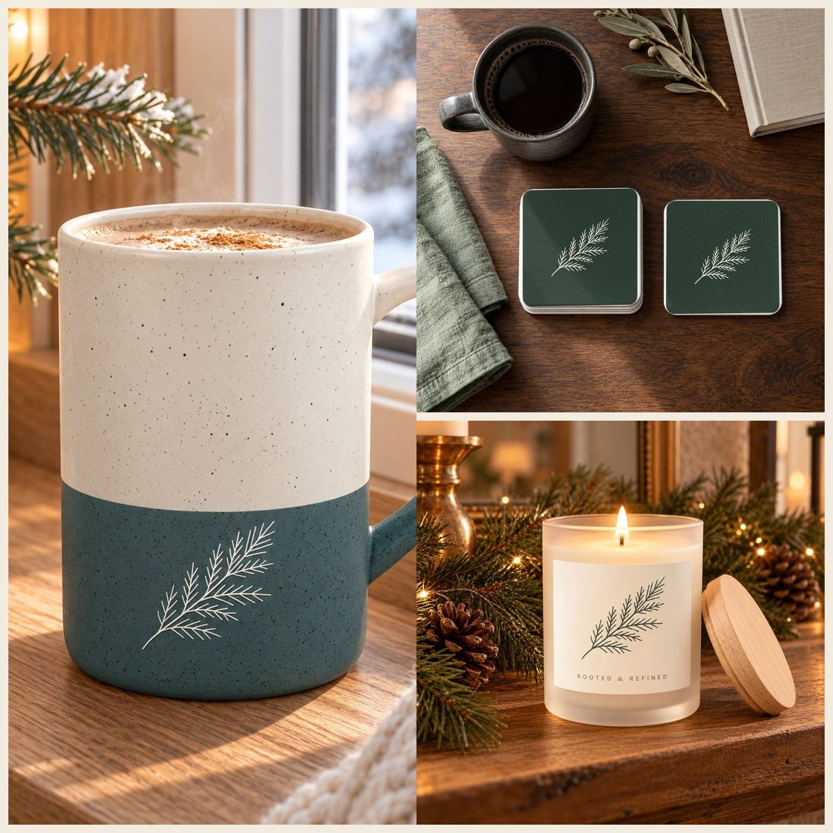 Evergreen Pine Coffee Lover Gift Set in Forest: mug, coasters and candle
