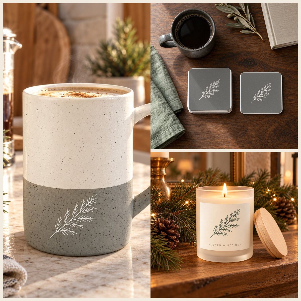 Evergreen Pine Coffee Lover Gift Set in Grey: mug, coasters and candle