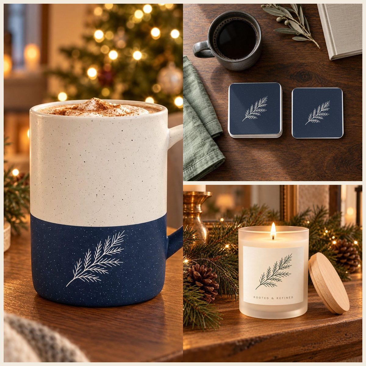 Evergreen Pine Coffee Lover Gift Set in Navy: mug, coasters and candle