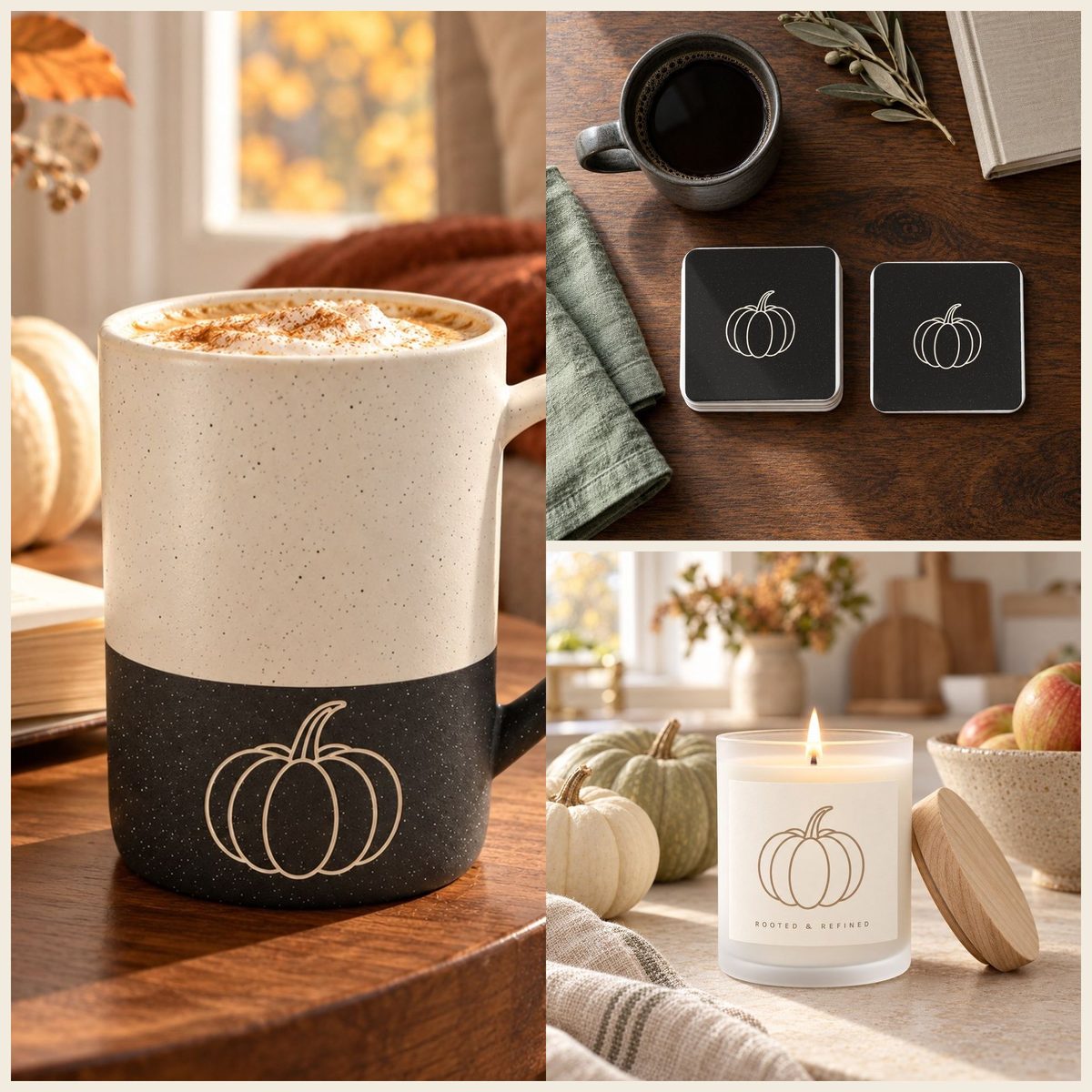 Pumpkin Coffee Lover Gift Set in Black: mug, coasters and candle