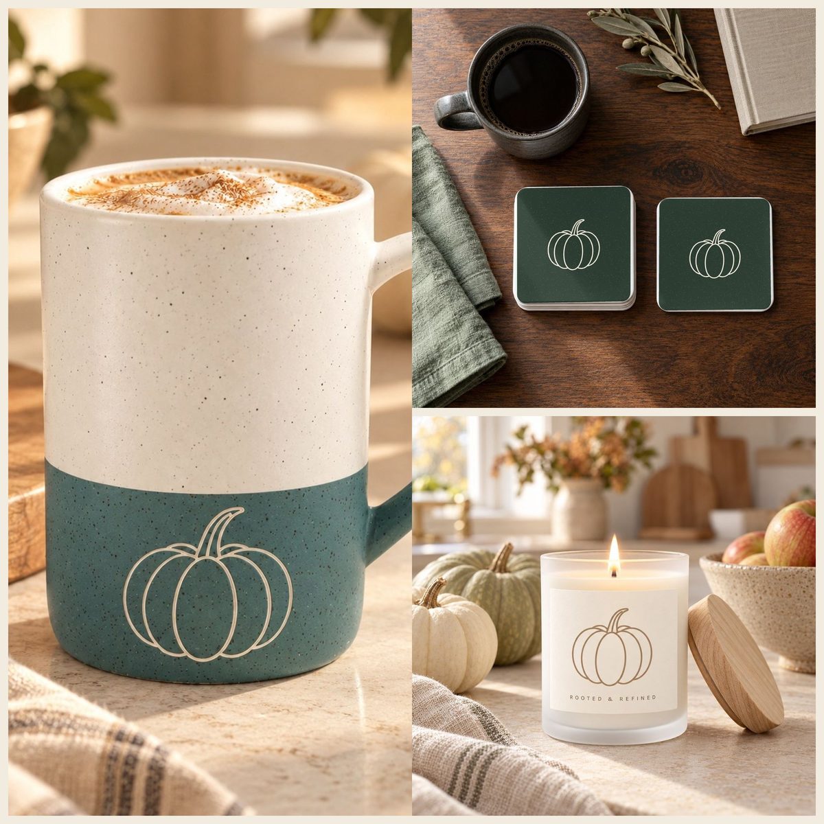 Pumpkin Coffee Lover Gift Set in Forest: mug, coasters and candle