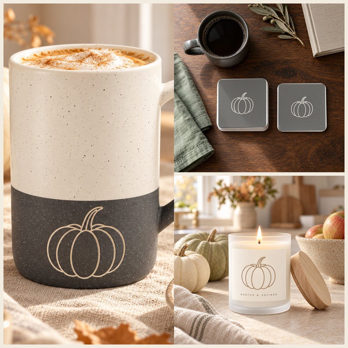 Pumpkin Coffee Lover Gift Set in Grey: mug, coasters and candle