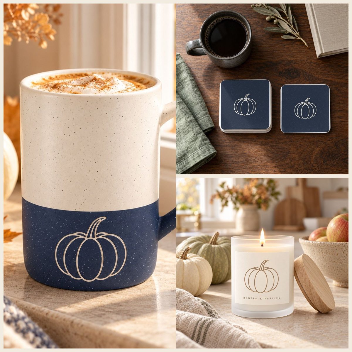Pumpkin Coffee Lover Gift Set in Navy: mug, coasters and candle