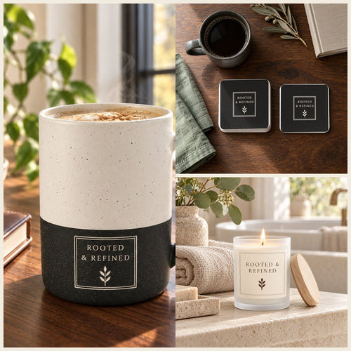 Rooted & Refined Signature Label Coffee Lover Gift Set in Black: mug, coasters and candle