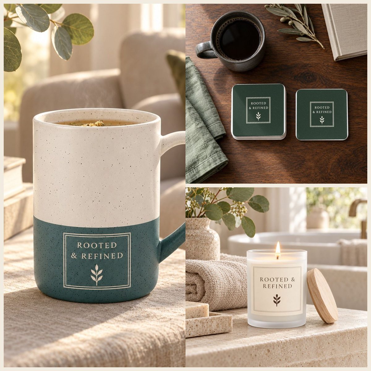 Rooted & Refined Signature Label Coffee Lover Gift Set in Forest: mug, coasters and candle