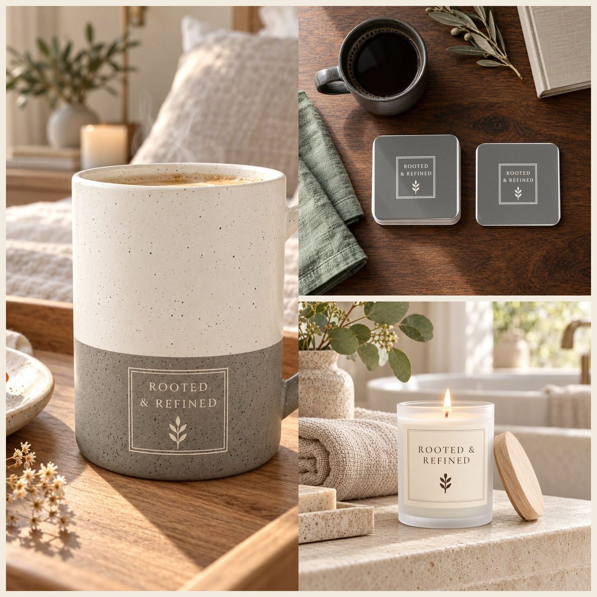 Rooted & Refined Signature Label Coffee Lover Gift Set in Grey: mug, coasters and candle
