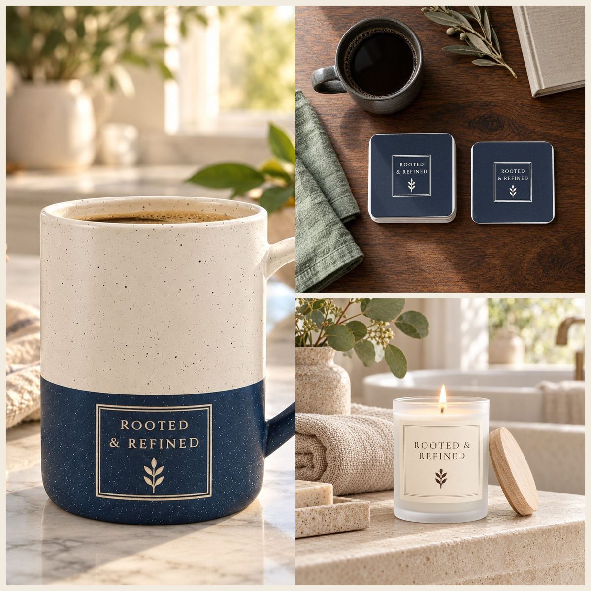 Rooted & Refined Signature Label Coffee Lover Gift Set in Navy: mug, coasters and candle