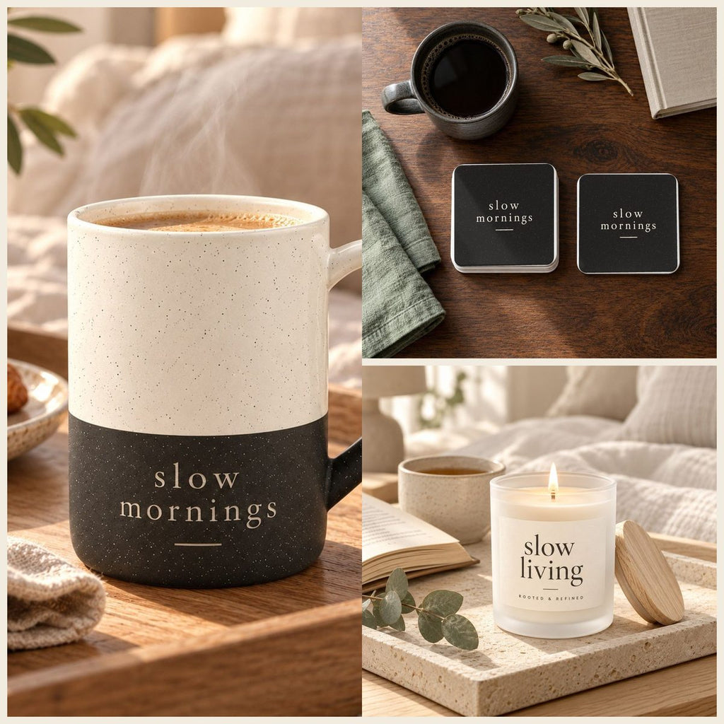 Slow Mornings Coffee Lover Gift Set in Black: mug, coasters and candle