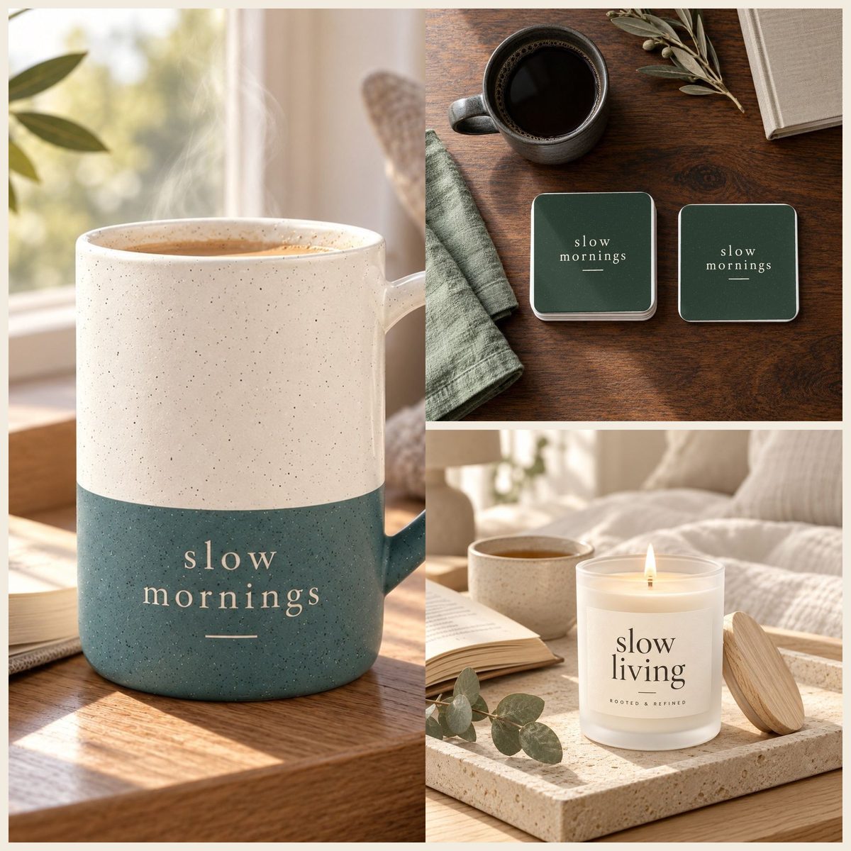 Slow Mornings Coffee Lover Gift Set in Forest: mug, coasters and candle