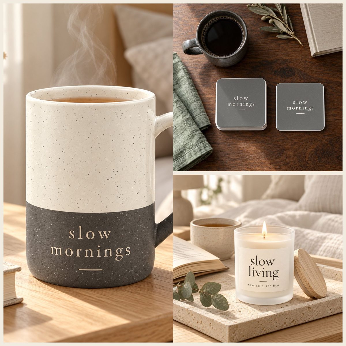 Slow Mornings Coffee Lover Gift Set in Grey: mug, coasters and candle