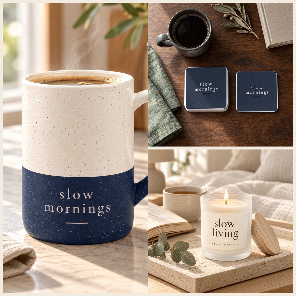 Slow Mornings Coffee Lover Gift Set in Navy: mug, coasters and candle