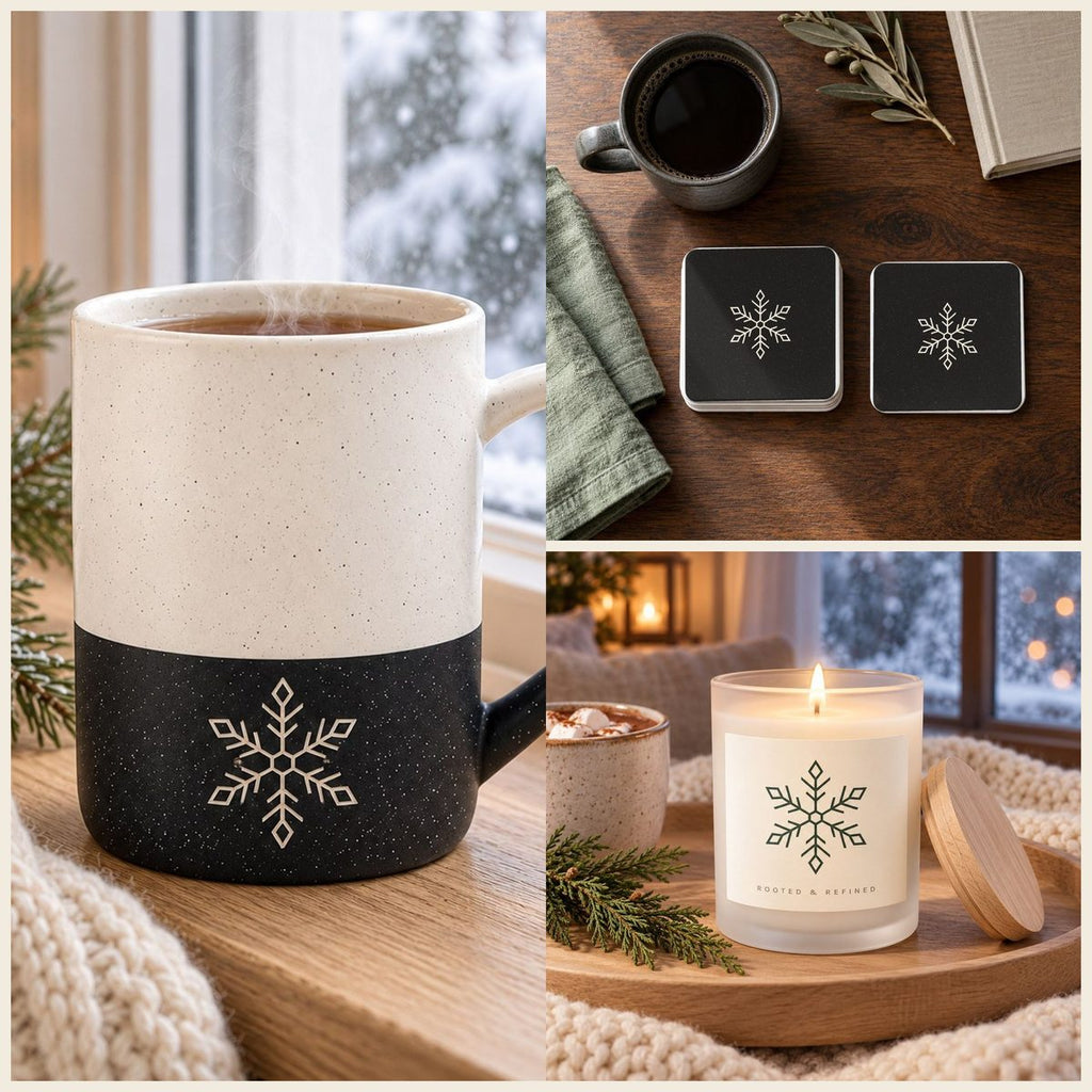 Snowflake Coffee Lover Gift Set in Black: mug, coasters and candle