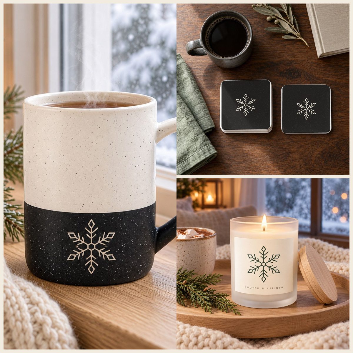 Snowflake Coffee Lover Gift Set in Black: mug, coasters and candle