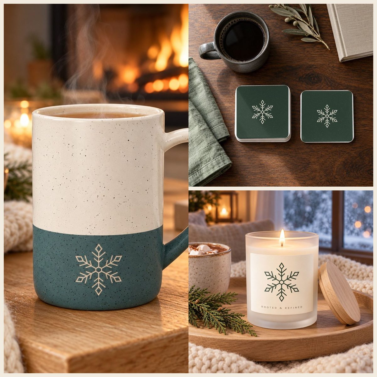 Snowflake Coffee Lover Gift Set in Forest: mug, coasters and candle