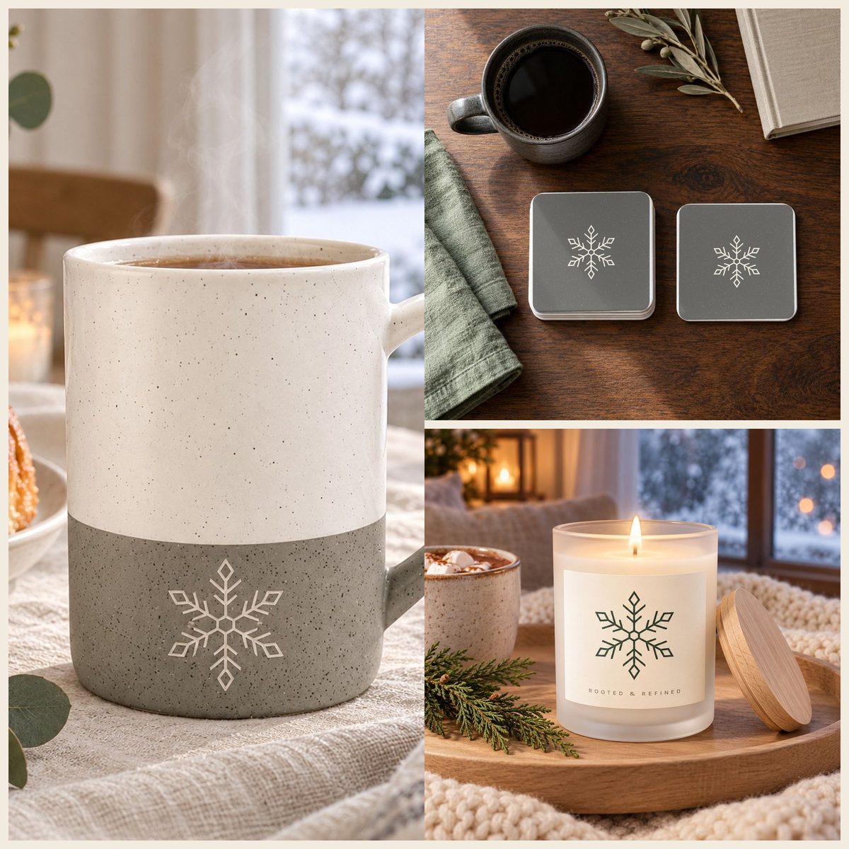 Snowflake Coffee Lover Gift Set in Grey: mug, coasters and candle