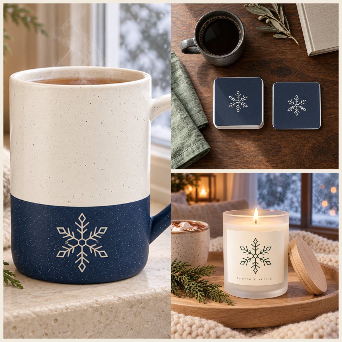 Snowflake Coffee Lover Gift Set in Navy: mug, coasters and candle