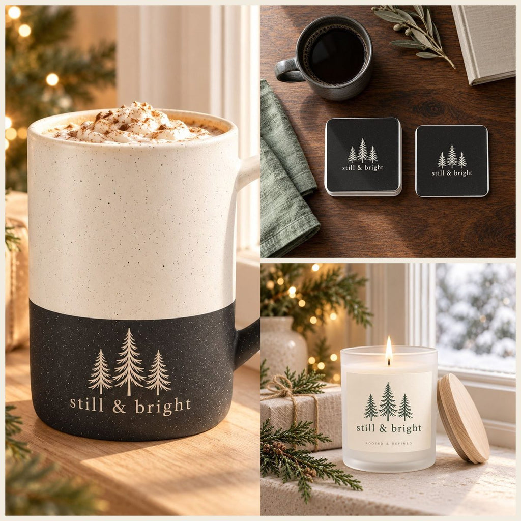 Still & Bright Coffee Lover Gift Set in Black: mug, coasters and candle