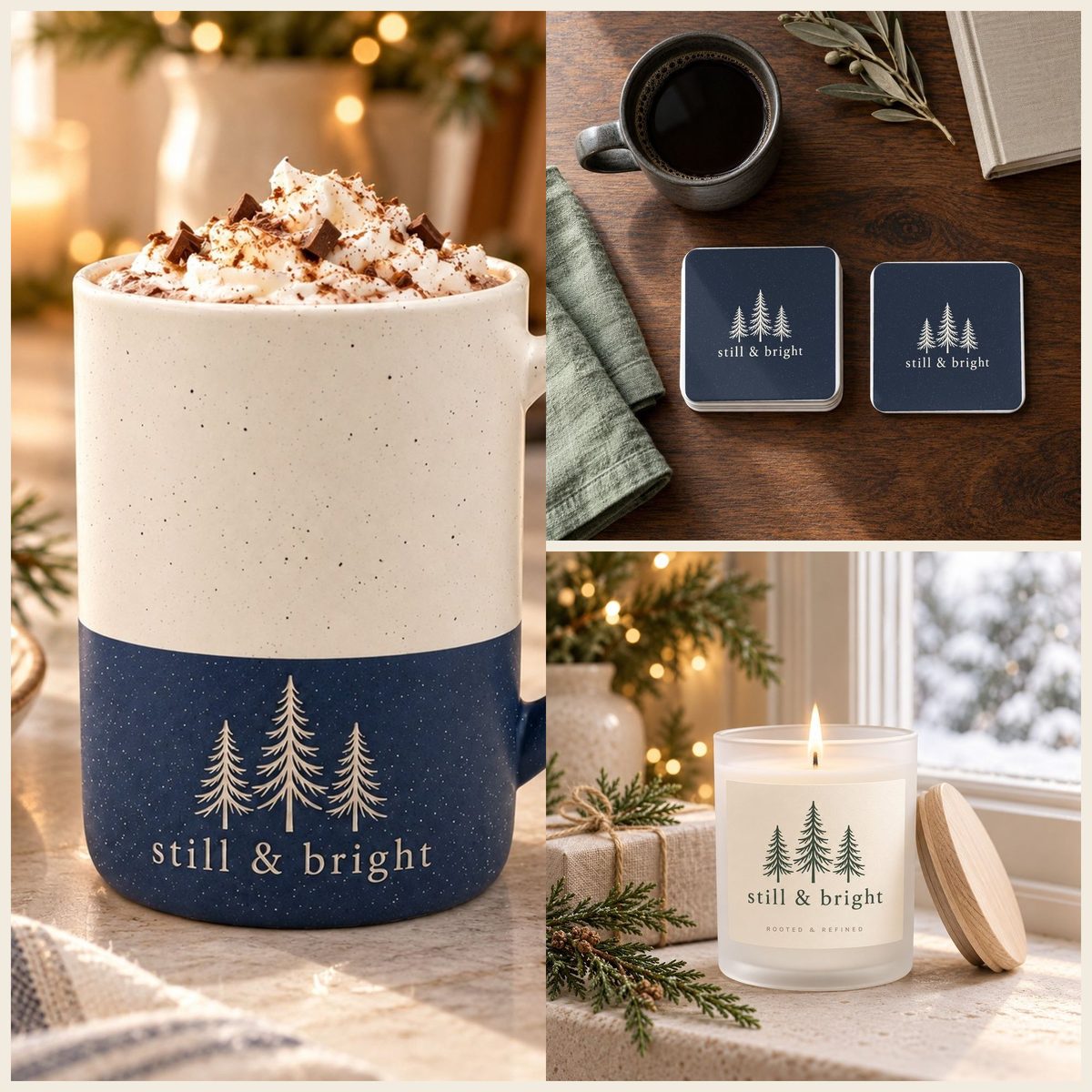 Still & Bright Coffee Lover Gift Set in Navy: mug, coasters and candle