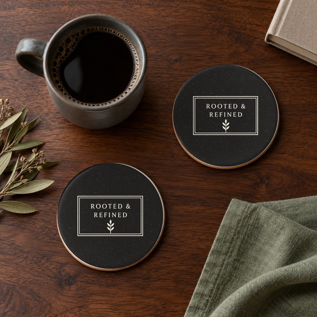 Rooted & Refined Atelier Label ceramic coasters in Black, set of 4