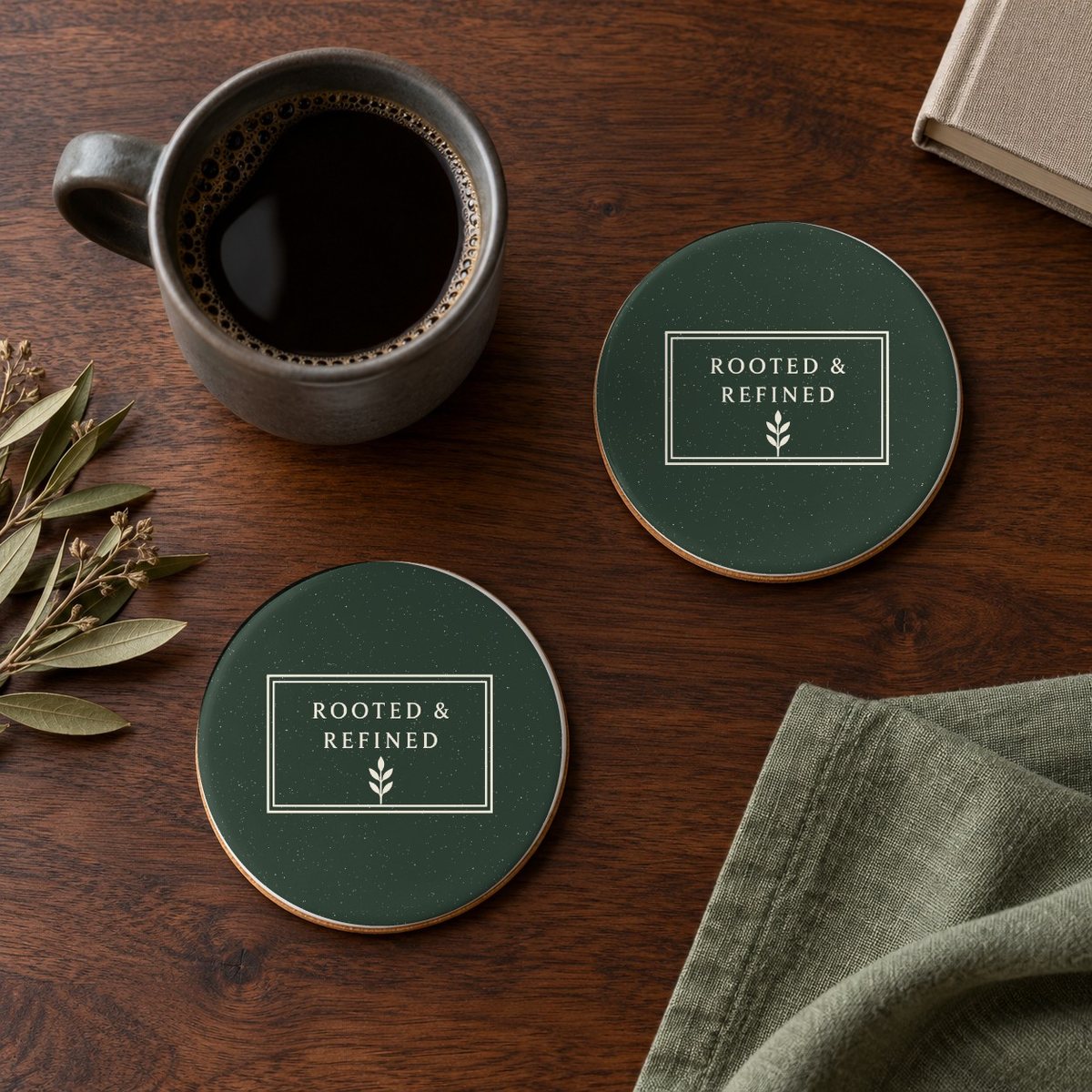Rooted & Refined Atelier Label ceramic coasters in Forest, set of 4