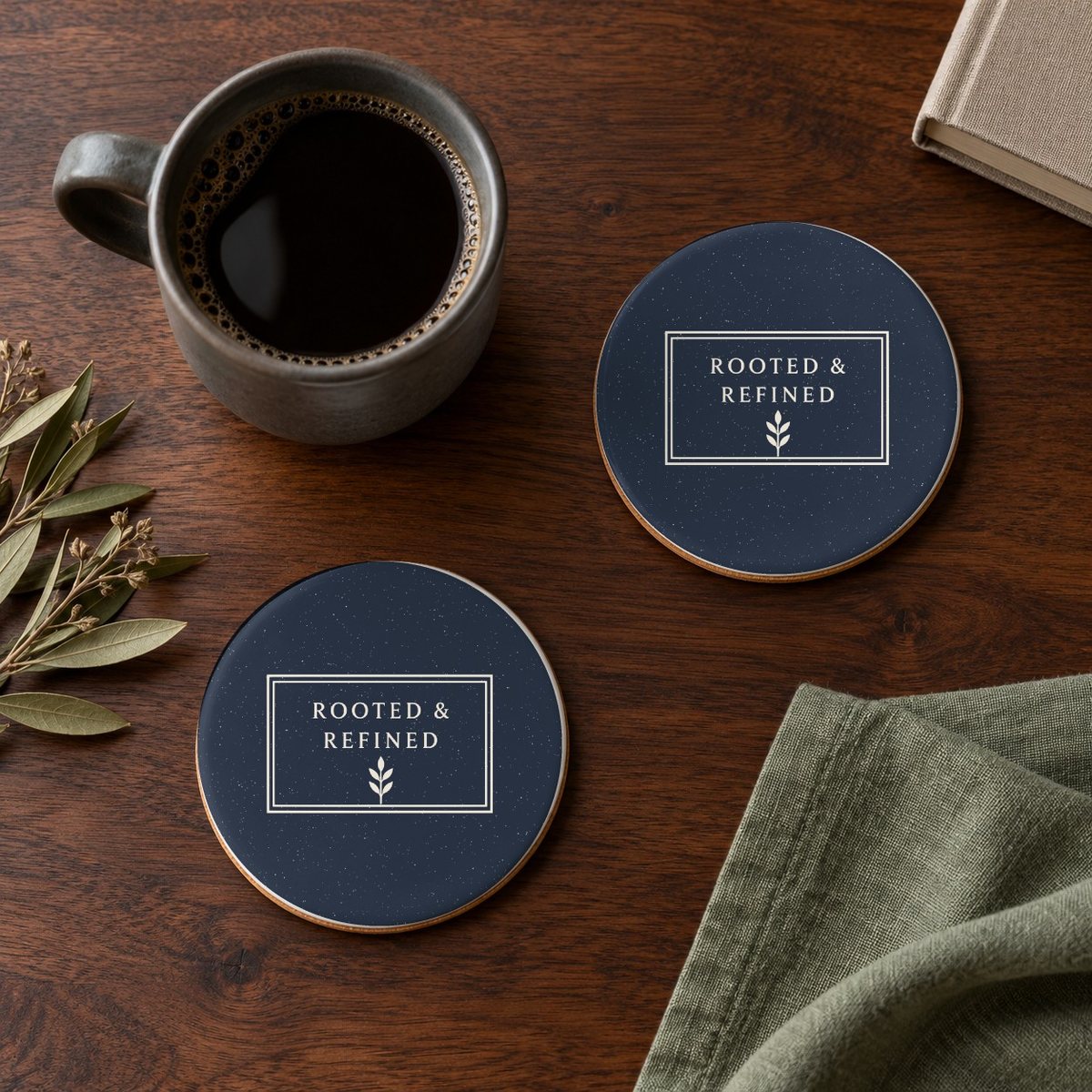 Rooted & Refined Atelier Label ceramic coasters in Navy, set of 4