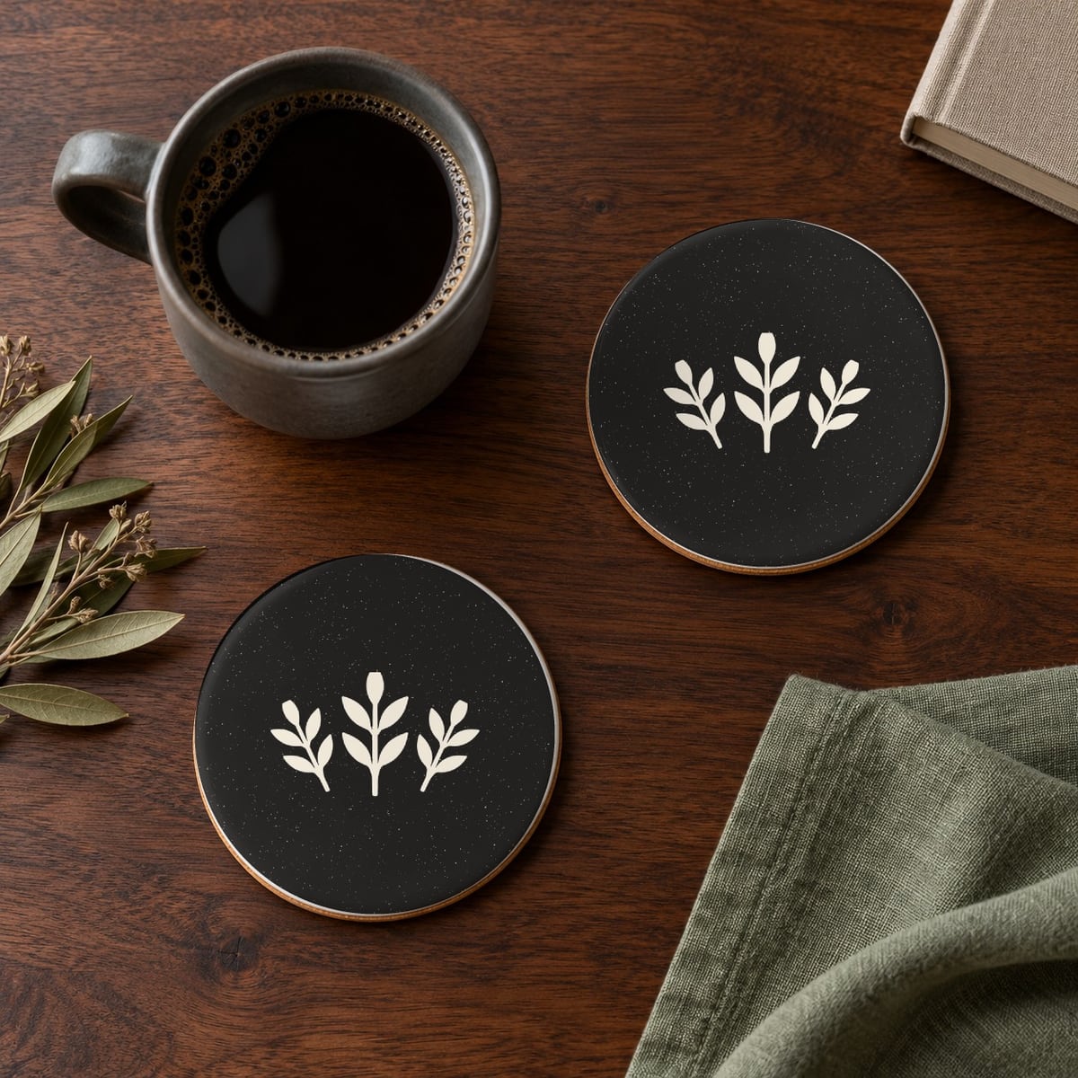 Autumn Sprig ceramic coasters in Black, set of 4