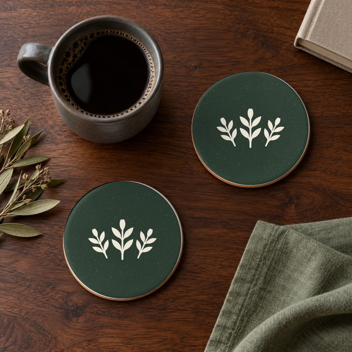 Autumn Sprig ceramic coasters in Forest, set of 4
