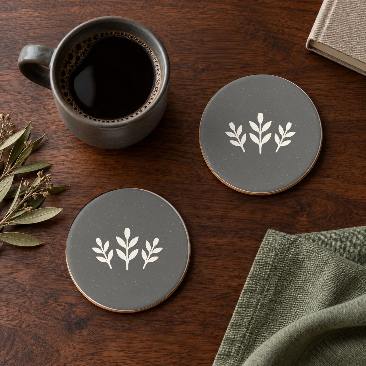 Autumn Sprig ceramic coasters in Grey, set of 4