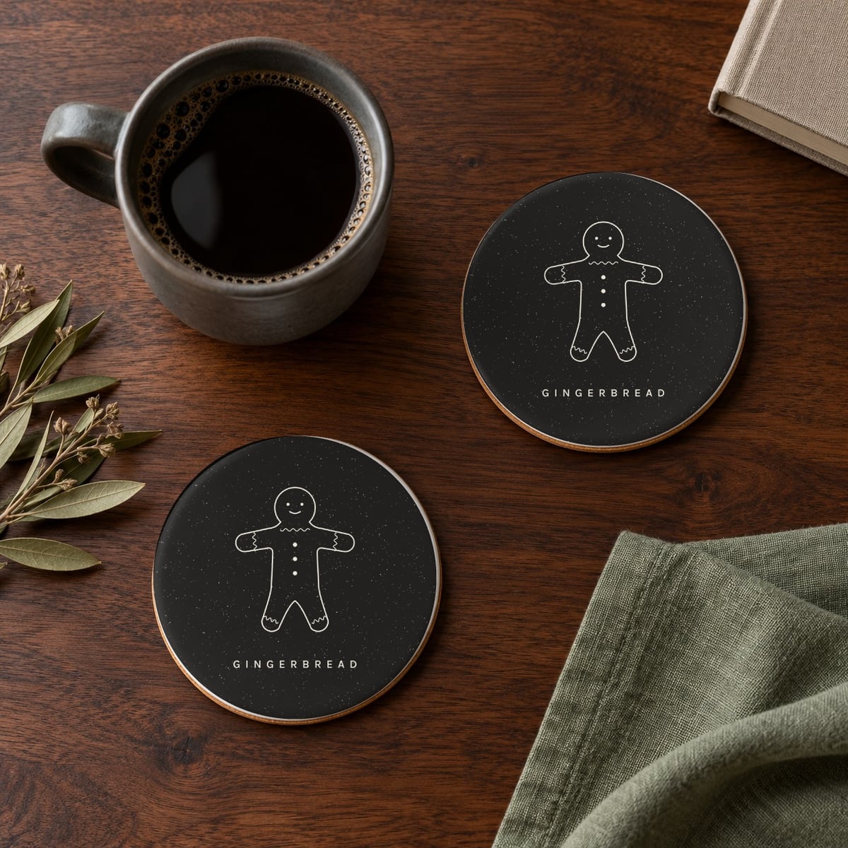 Gingerbread ceramic coasters in Black, set of 4