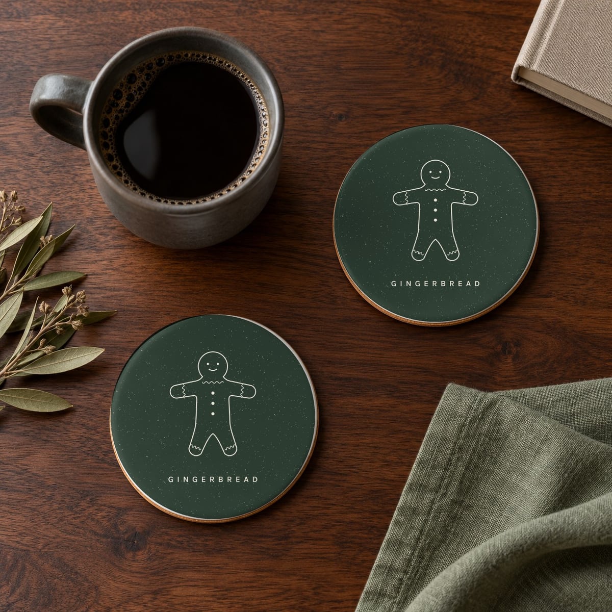 Gingerbread ceramic coasters in Forest, set of 4