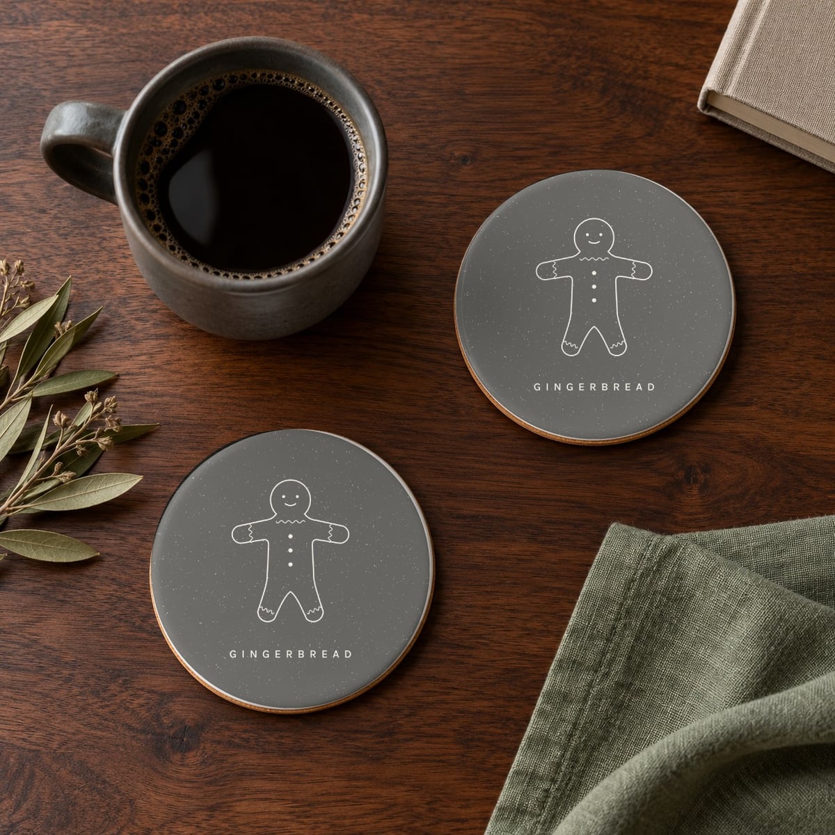 Gingerbread ceramic coasters in Grey, set of 4