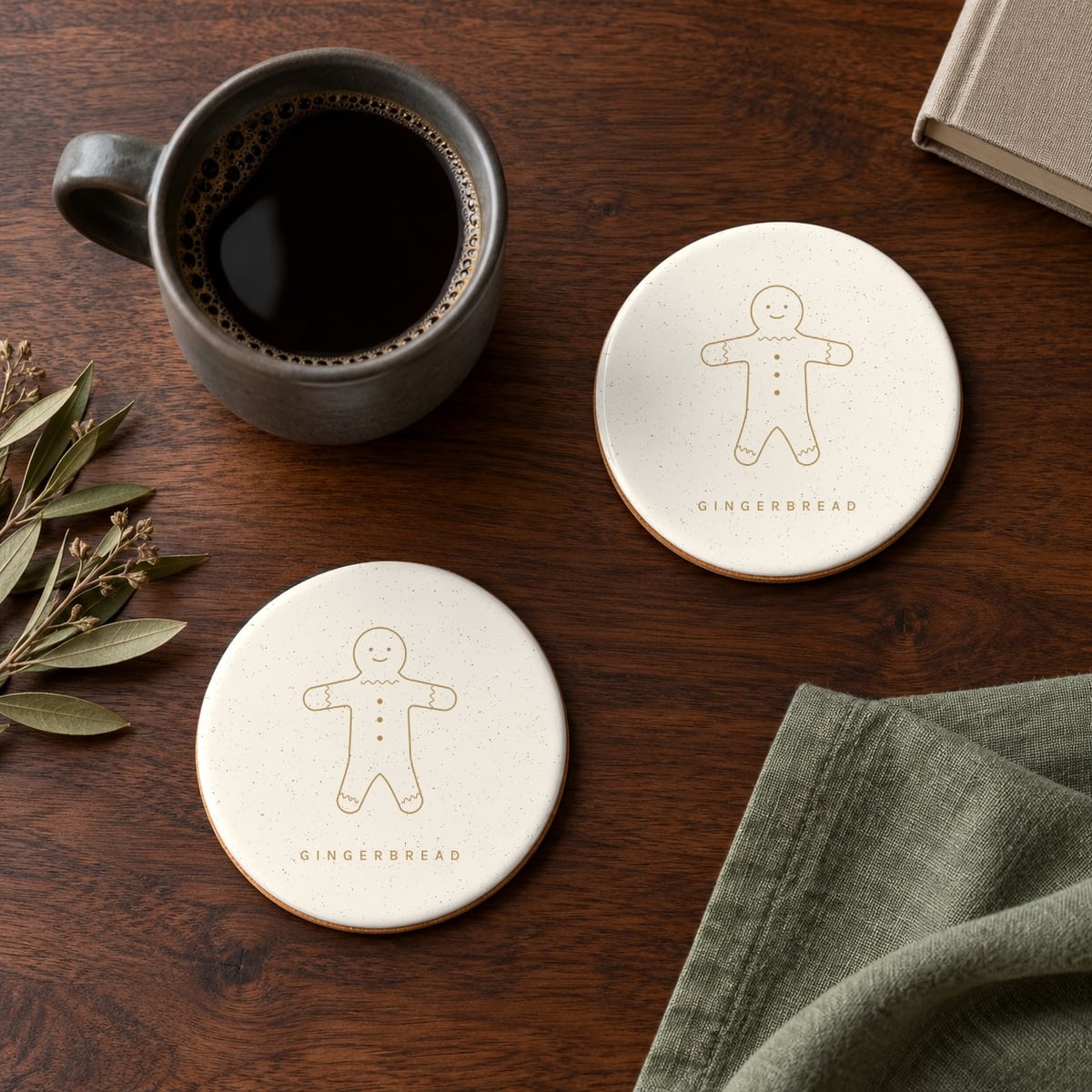 Gingerbread ceramic coasters in Ivory, set of 4