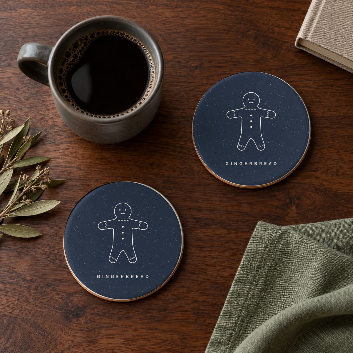 Gingerbread ceramic coasters in Navy, set of 4