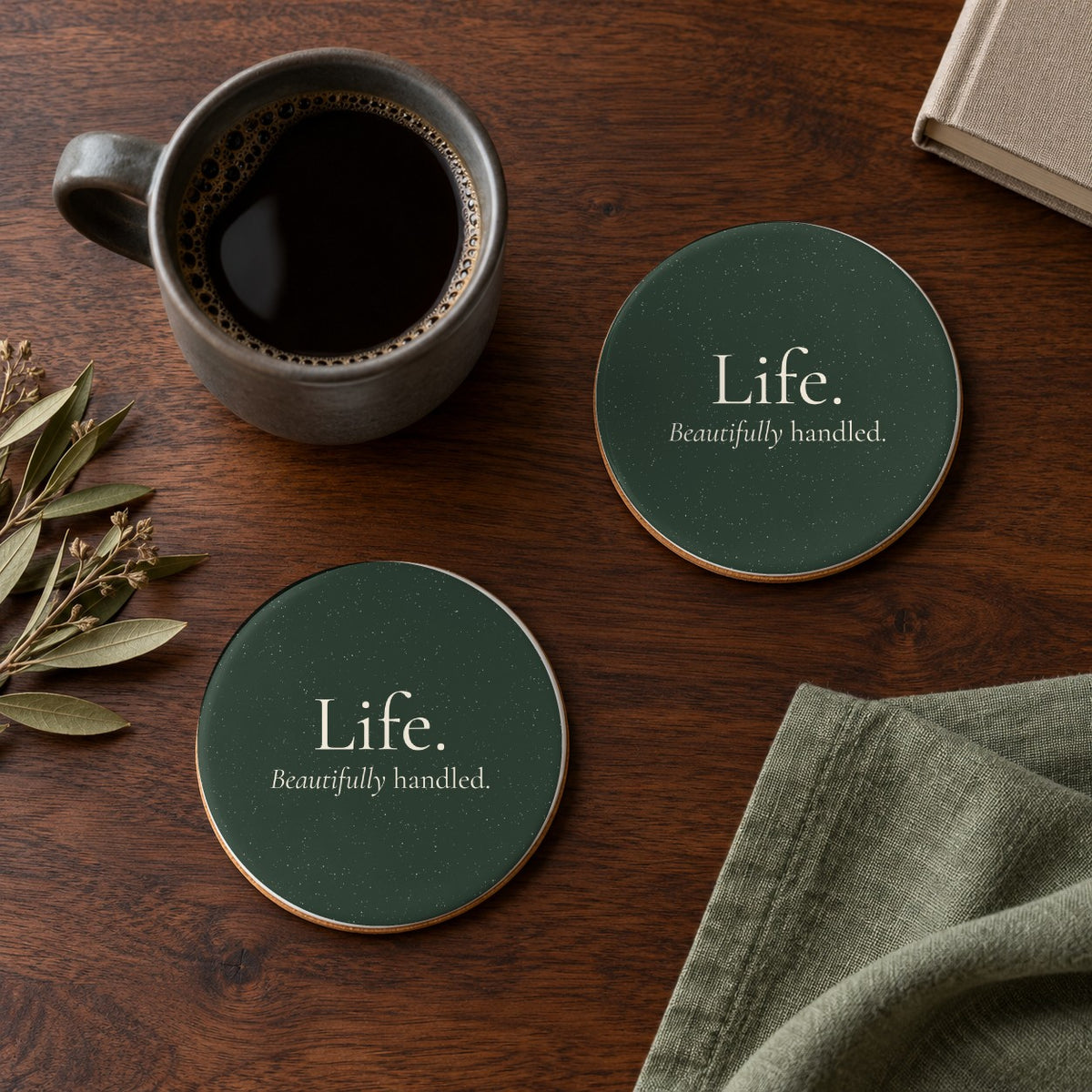 Life. Beautifully Handled. ceramic coasters in Forest, set of 4