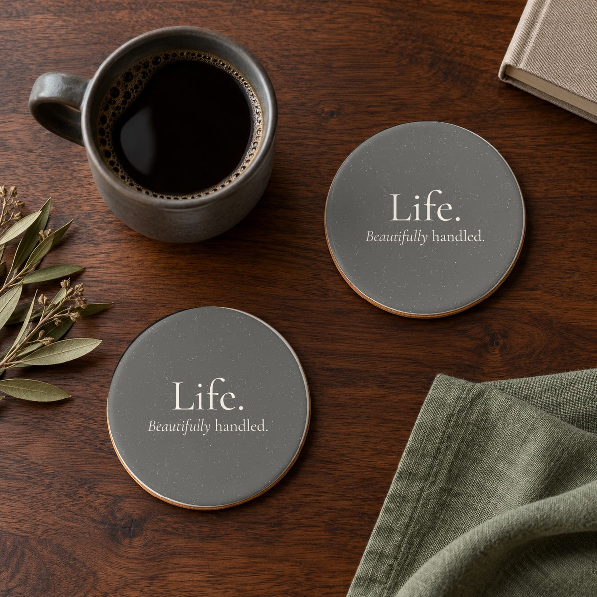 Life. Beautifully Handled. ceramic coasters in Grey, set of 4