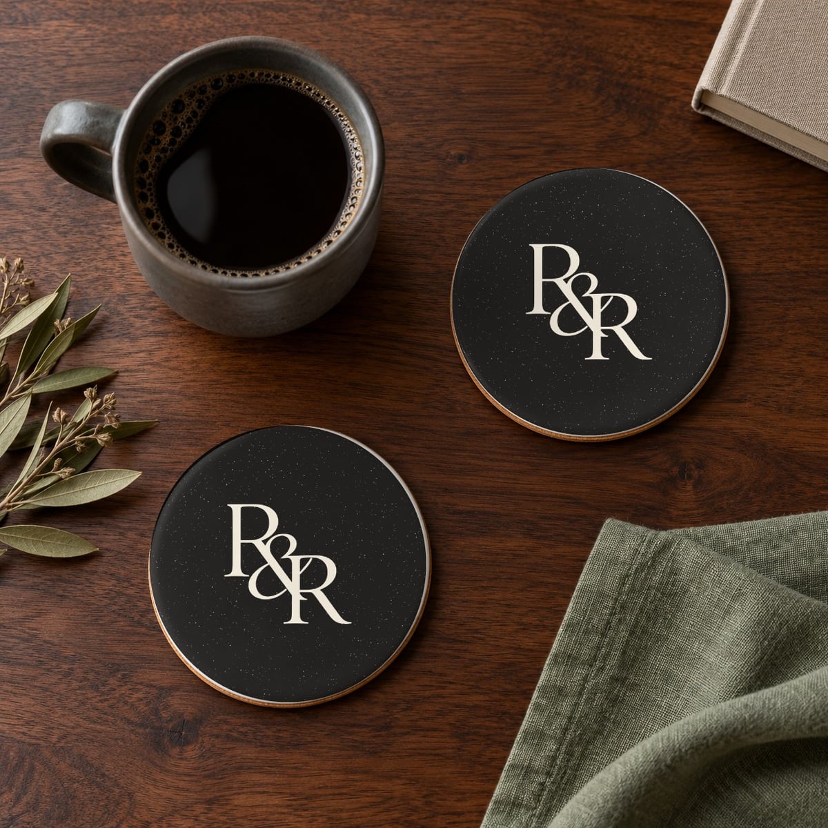 R&R Monogram ceramic coasters in Black, set of 4