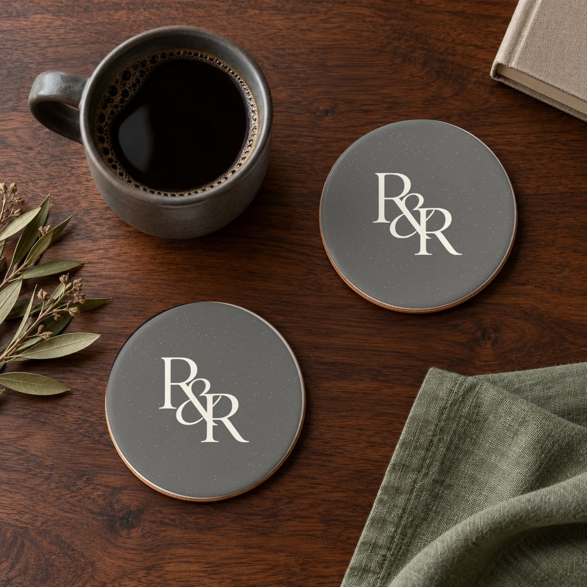 R&R Monogram ceramic coasters in Grey, set of 4