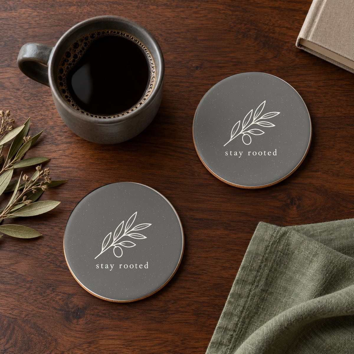 Olive Branch ceramic coasters in Grey, set of 4