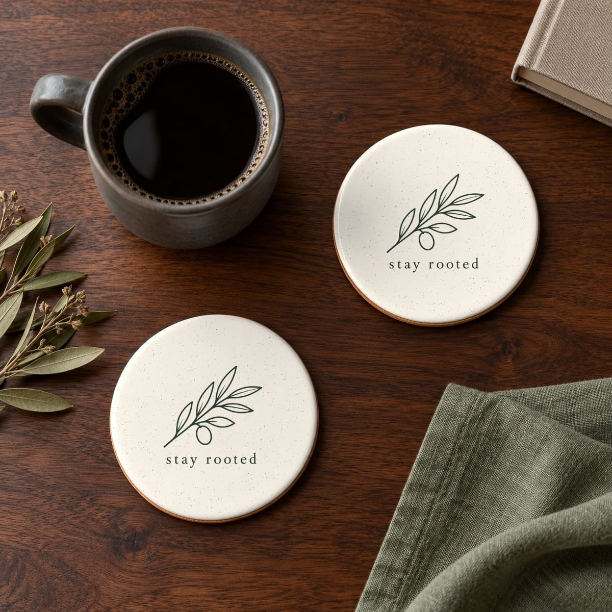 Olive Branch ceramic coasters in Ivory, set of 4