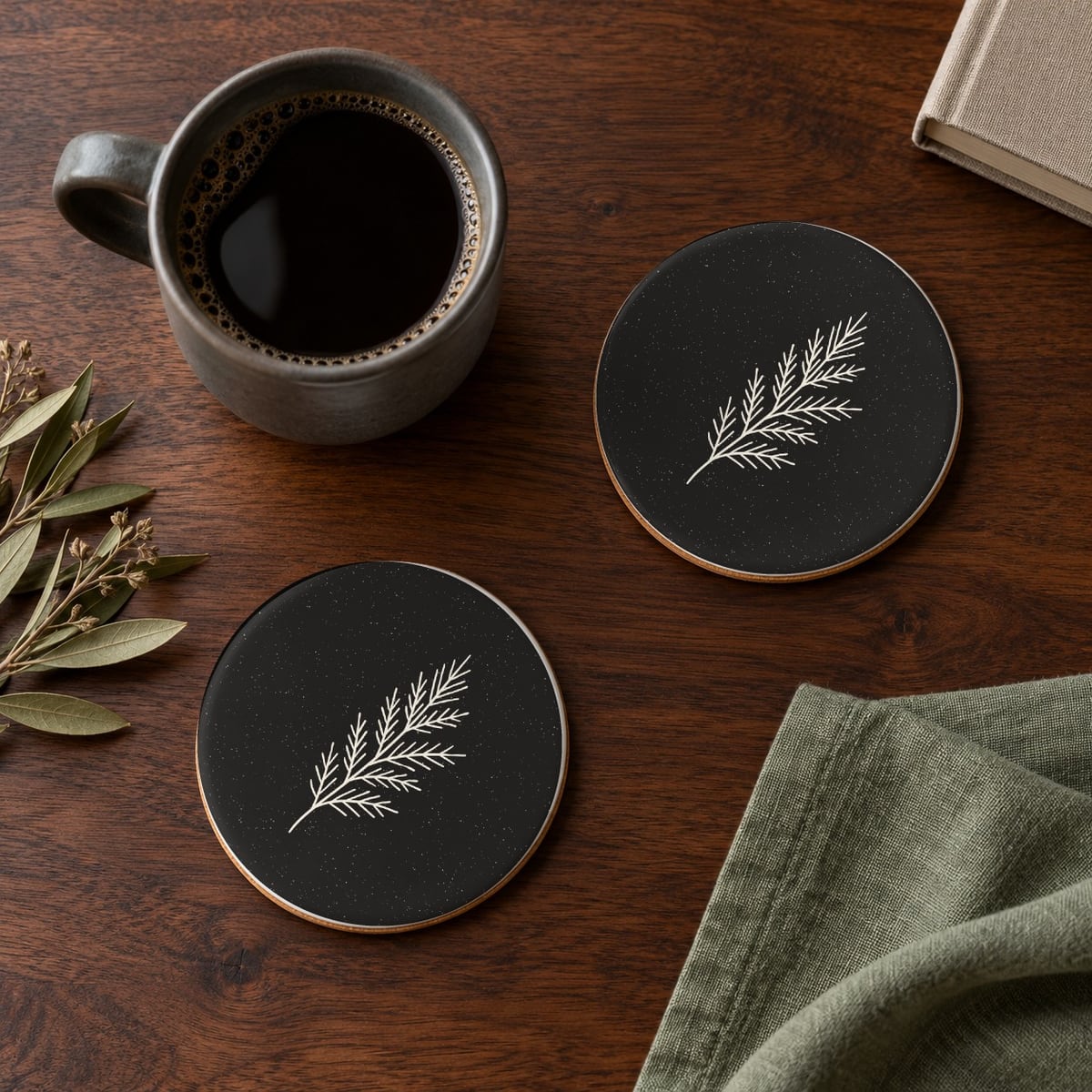Evergreen Pine ceramic coasters in Black, set of 4