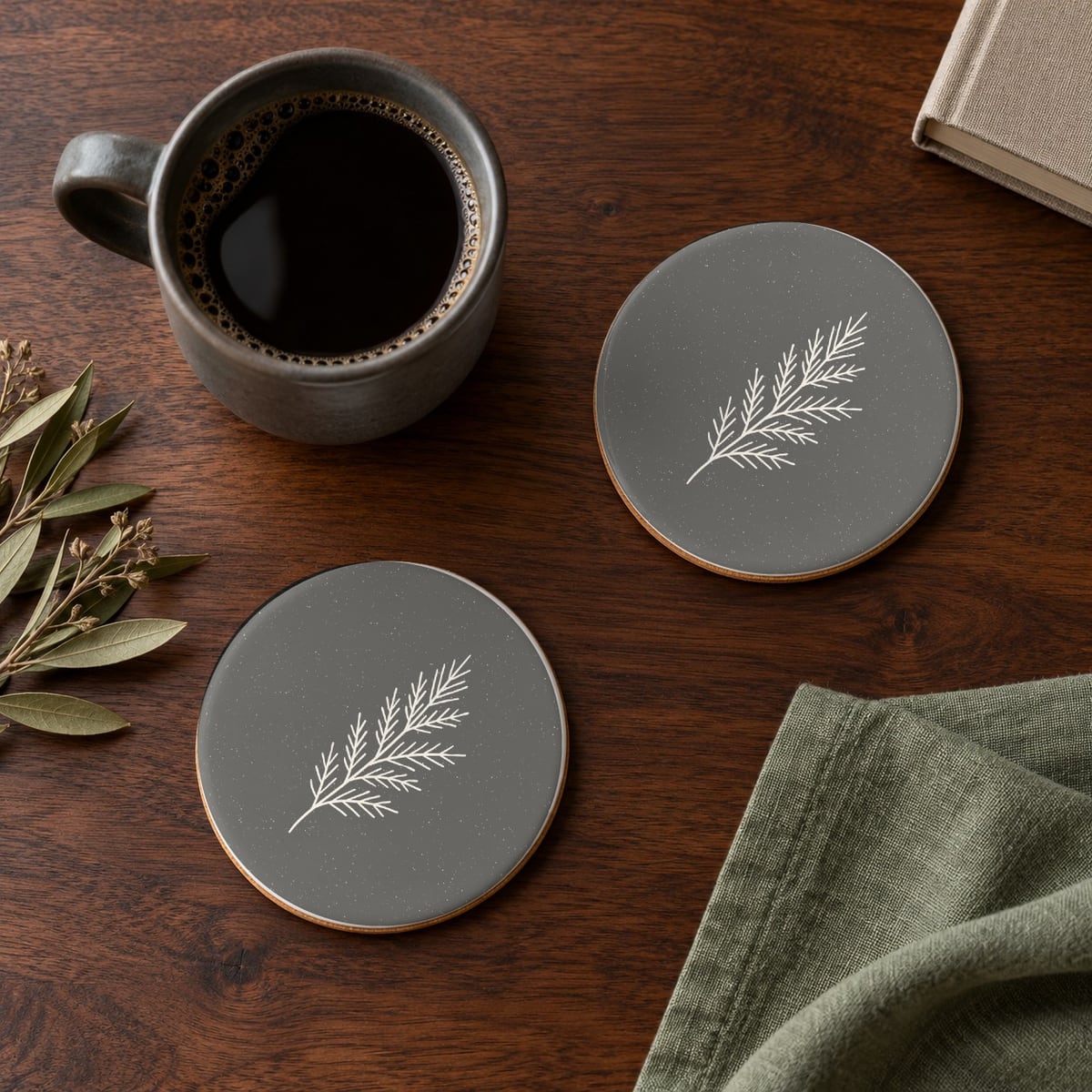 Evergreen Pine ceramic coasters in Grey, set of 4