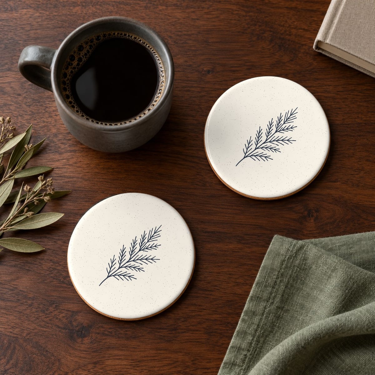 Evergreen Pine ceramic coasters in Ivory, set of 4